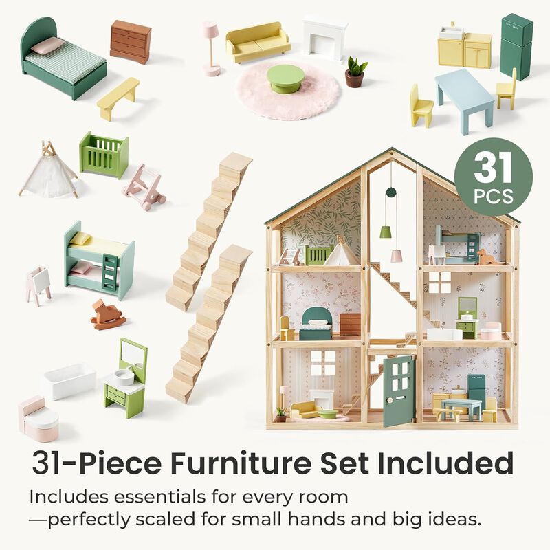 Wooden Dollhouse - 6 Rooms Wooden Doll House, DIY Pretend Doll House with 31Pcs Furniture Accessories, Creative Gift for Girl image number 6