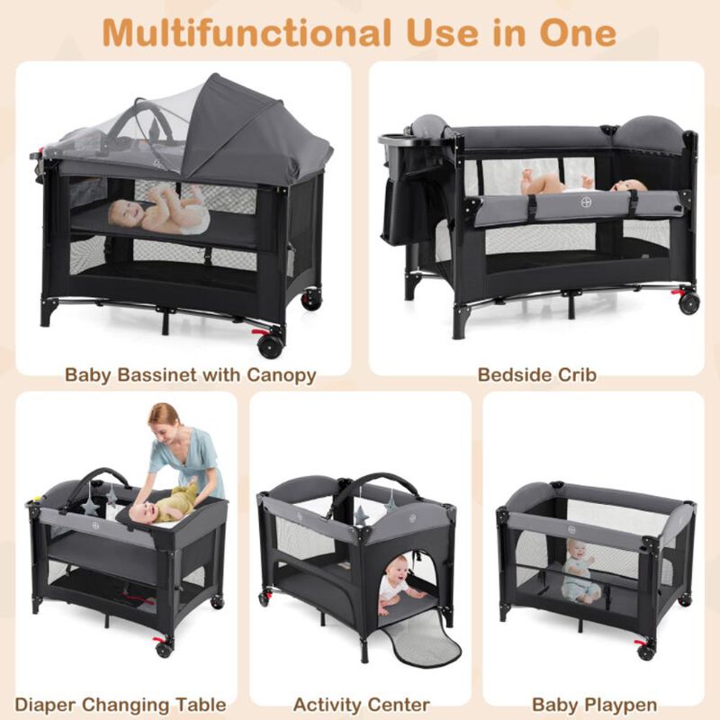 Hivvago Foldable Baby Bassinet with 4 Adjustable Heights Changing Table and Mattress