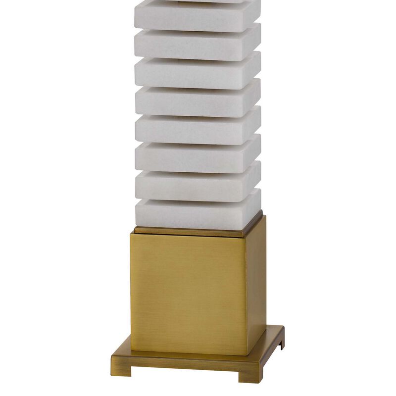 28 Inch Table Lamp, White Drum Hardback, Marble and Antique Brass Finish - Benzara