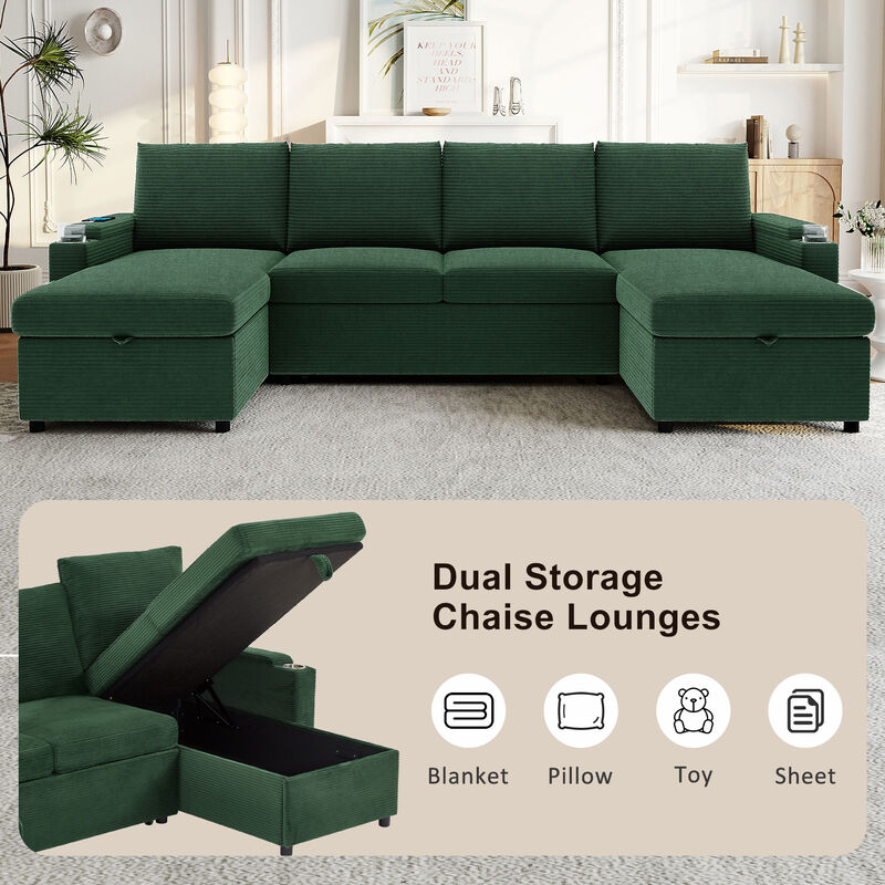 Merax Convertible Sofa Bed U-Shaped Sectional Sofa Modern Upholstered Sofa with Storage Chaise Lounges