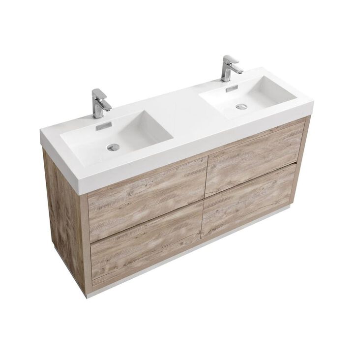 Kubebath Bliss 60 Double  Sink Nature Wood Free Standing Modern Bathroom Vanity