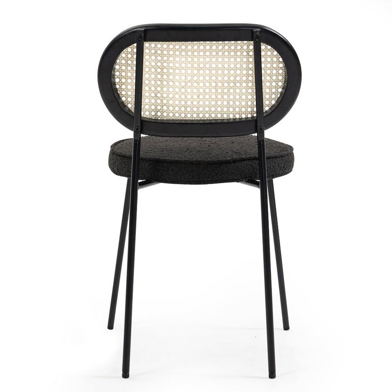 Glamour Home Set of 2 Black Boucle Fabric Dining Chair Rattan Backrest and Black Chrome Legs