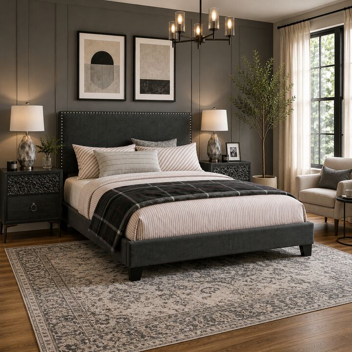 King Bedroom Set, Espresso Brown, Silver, Black Wood, 3 Piece Set with 2 Nightstands