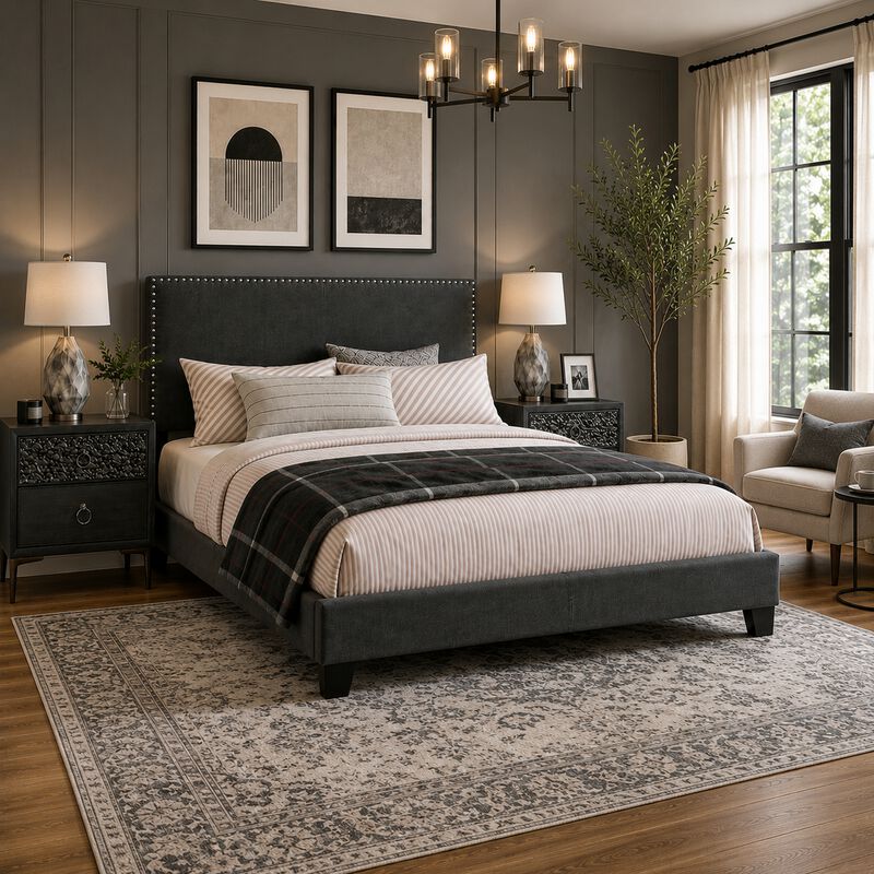 King Bedroom Set, Espresso Brown, Silver, Black Wood, 3 Piece Set with 2 Nightstands image number 1