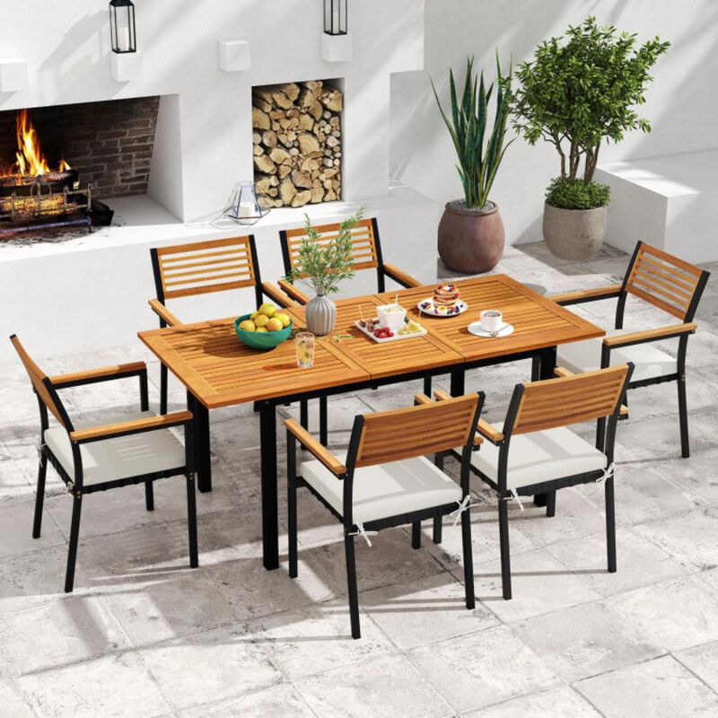 Hivvago 7-Piece Patio Dining Set Wood Metal with Seat Cushions and Umbrella Hole