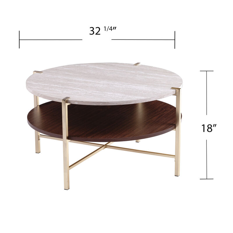 Hivvago 33 Inch  Brass Solid Manufactured Wood And Metal Round Coffee Table
