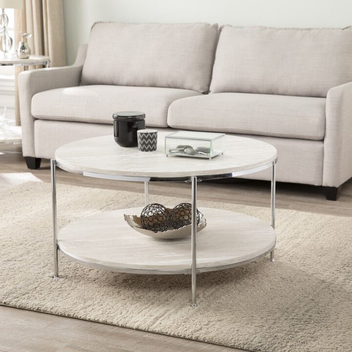 Hivvago 33 Inch  Chrome Faux Marble And Metal Round Coffee Table