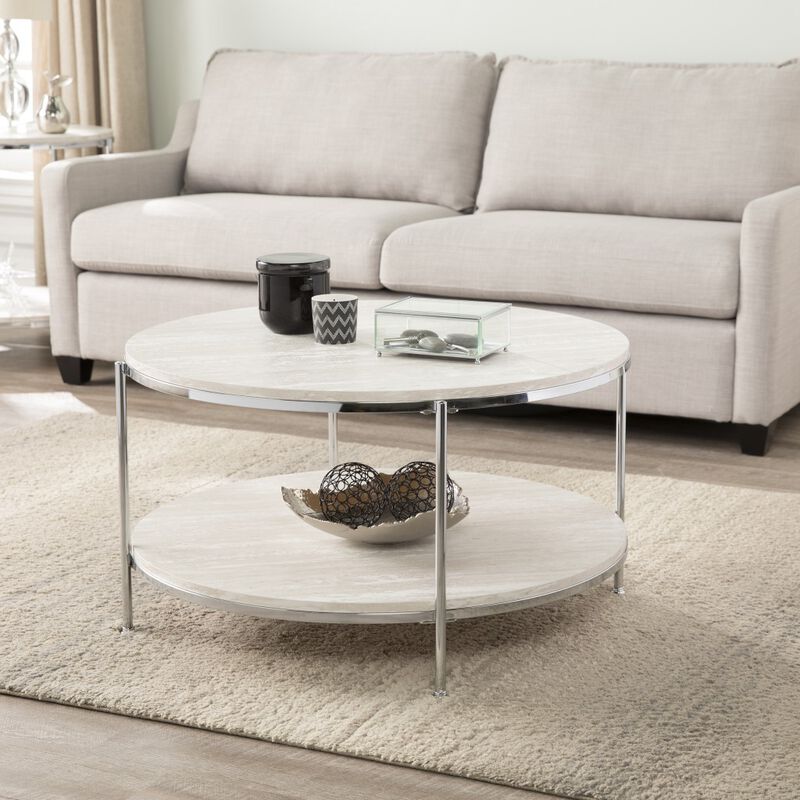 Hivvago 33 Inch  Chrome Faux Marble And Metal Round Coffee Table