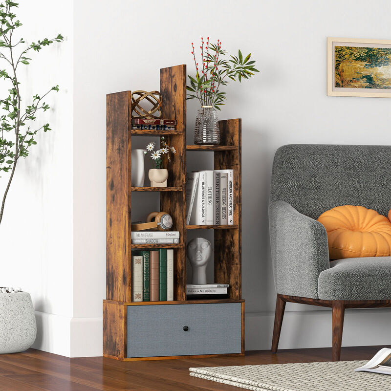 7-Tier Open-Back Bookshelf with Drawer-Rustic Brown image number 2