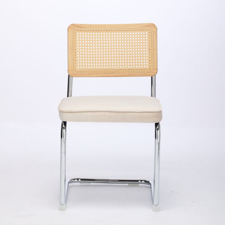 Whisen 2-Piece Mid Century Dining Chairs, Velvet Upholstered with Cane Back & Chrome Base, Cantilever Design for Kitchen