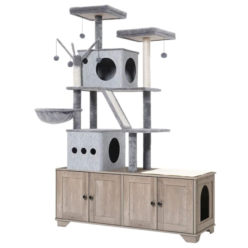 Double Cat Litter Box Hideaway with Integrated Cat Tree, Bed, and Hammock- Greige image number 0