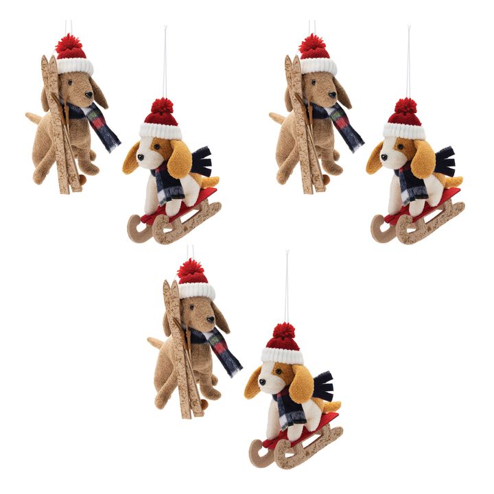 Plush Ski and Sled Dog Ornaments, Set of 6 for Festive Christmas Tree Decor