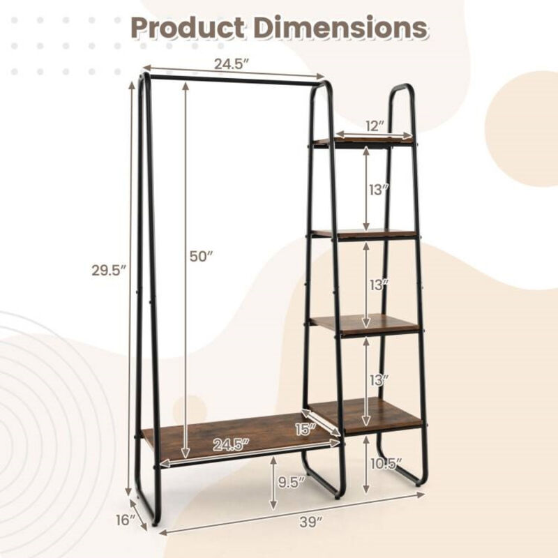 Industrial Freestanding Clothing Rack – Metal Rod with Wooden Storage Shelves
