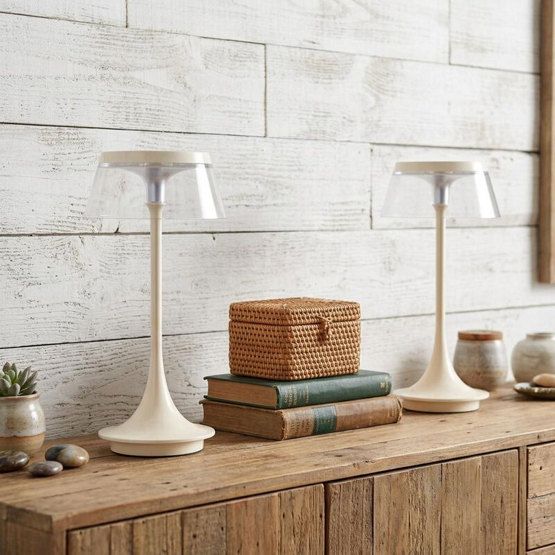 HomeRoots Set of Two 11" White Geometric USB Bedside Lamps With Novelty Shades image number 1