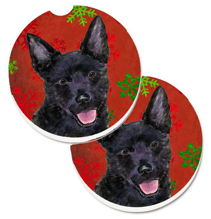 Caroline's Treasures Australian Kelpie Red green Snowflakes Christmas Set of 2 Cup Holder Car Coasters SS4705CARC, 2.56, Multicolor