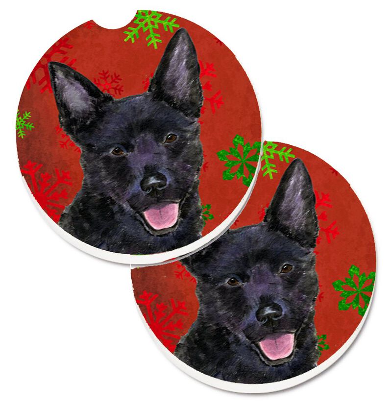 Caroline's Treasures Australian Kelpie Red green Snowflakes Christmas Set of 2 Cup Holder Car Coasters SS4705CARC, 2.56, Multicolor image number 0