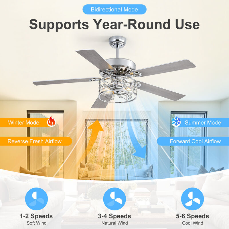 Breezary 52" Ceiling Fan with Crystal Light, 5 Blade,6 Speed, Remote image number 1