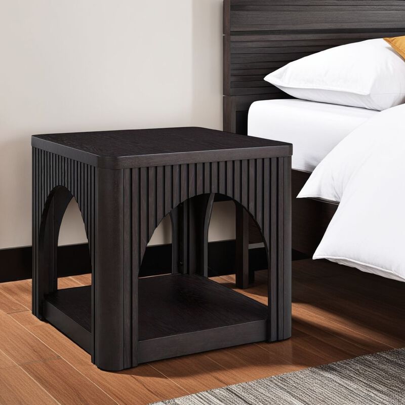 Yini Square Side End Table, Lattice, Arch Design, 24 Inch Black Wood