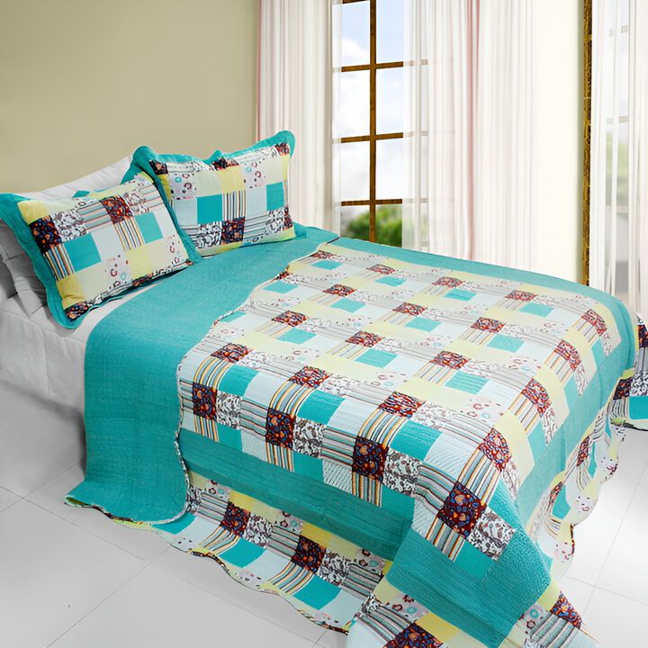Lightweight 3-Piece Cotton Quilted Printed Quilt Set Queen Size Elegant Bedroom Bedding