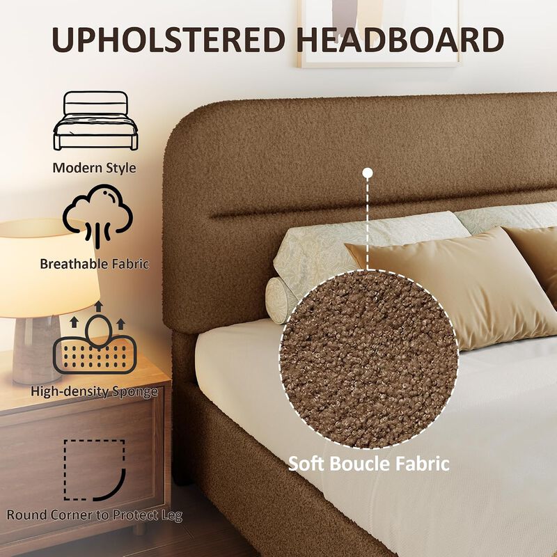 Vipbear Upholstered Boucle Platform Bed Frame with Adjustable Wide Headboard, Wooden Slats, Coffee image number 3