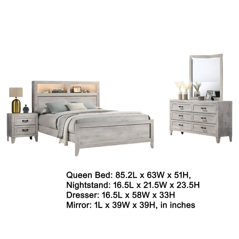 Miot 4pc Queen Bedroom Set, Headboard Shelves w Light, Whitewash image number 4