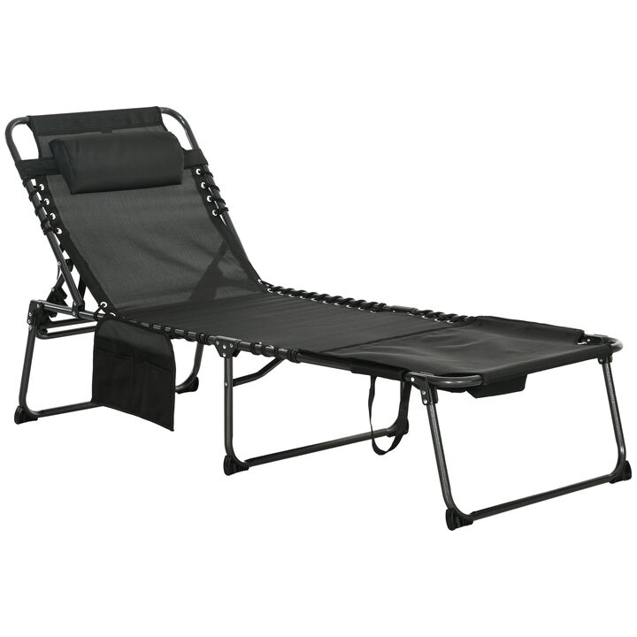 Outsunny 2 Piece Folding Chaise Lounge with 5-level Reclining Back, Outdoor Tanning Chair with Reading Face Hole, Outdoor Lounge Chair with Side Pocket & Headrest for Beach, Yard, Patio, Black