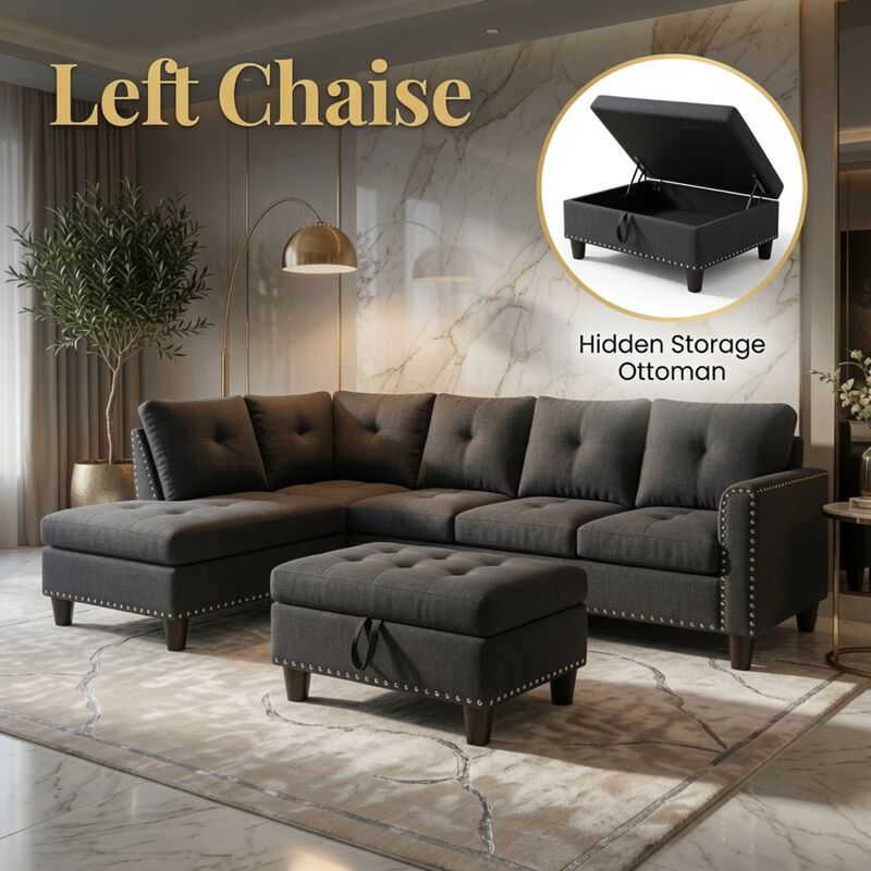 Vupcer L‑Shaped Linen Blend Sectional Sofa image number 4