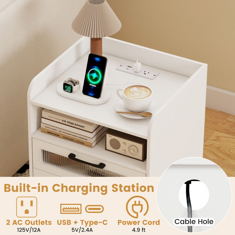 Modern Nightstand with LED Lights, Charging Station and Storage Drawer image number 4