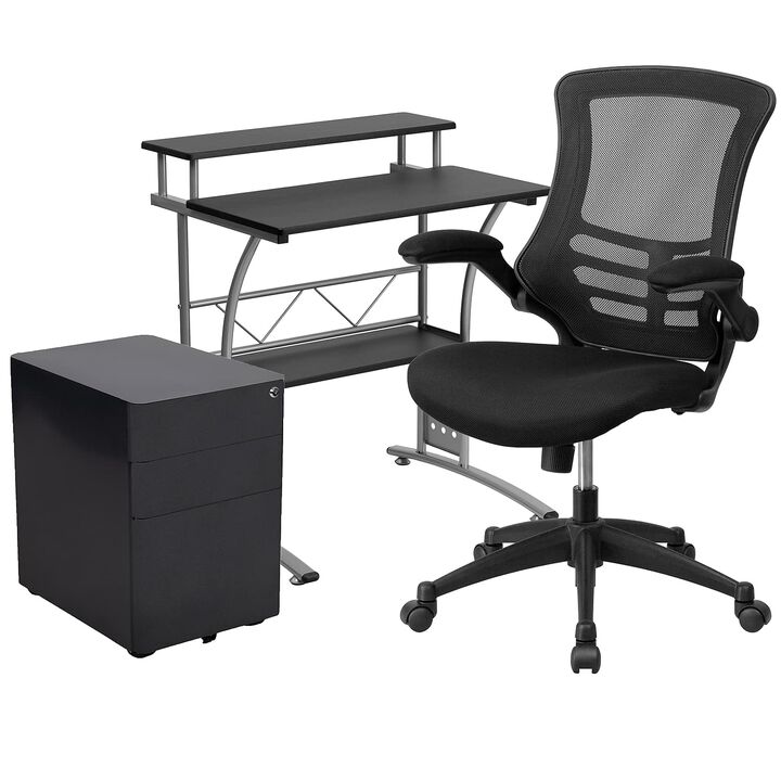 Flash Furniture Calder Work From Home Kit - Black Computer Desk, Ergonomic Mesh Office Chair and Locking Mobile Filing Cabinet with Side Handles