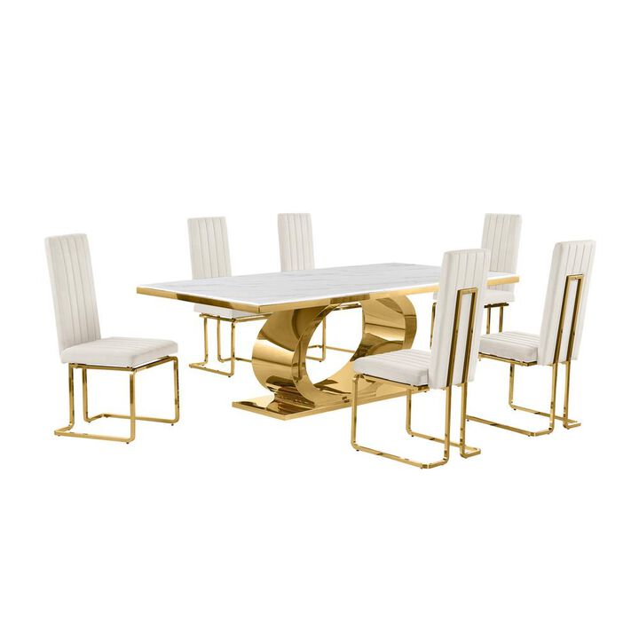 Best Quality Furniture 7pc Large(87) marble top dining set with gold base and 6 Cream side chairs
