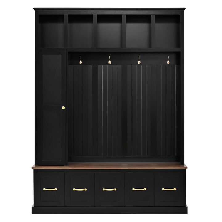 Merax 4-in-1 Entryway Hall Tree with Storage Bench, Hanging Hooks, Open Cubbies & Drawers