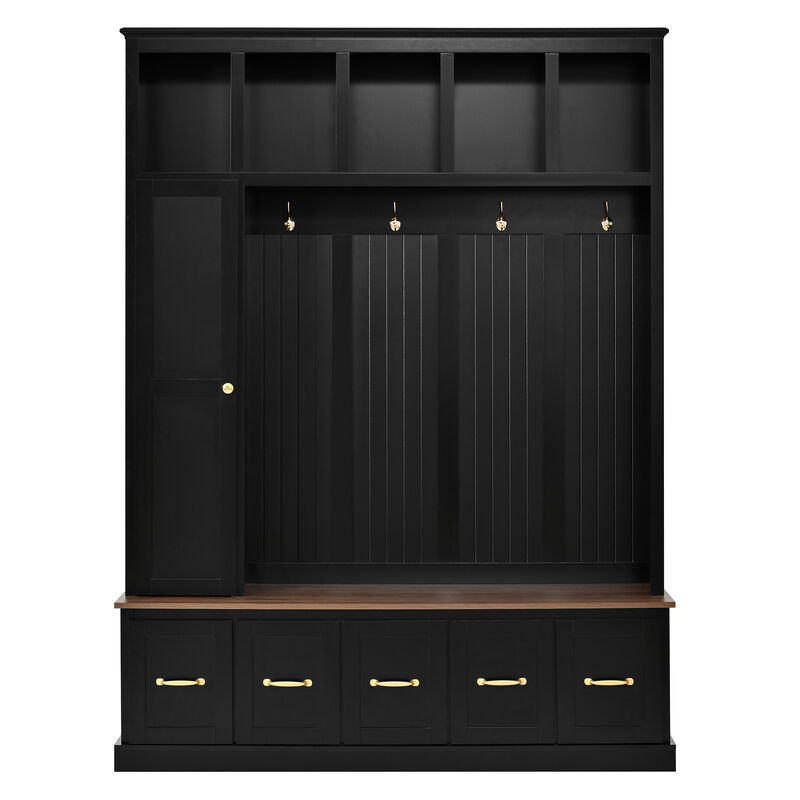 Merax 4-in-1 Entryway Hall Tree with Storage Bench, Hanging Hooks, Open Cubbies & Drawers image number 0