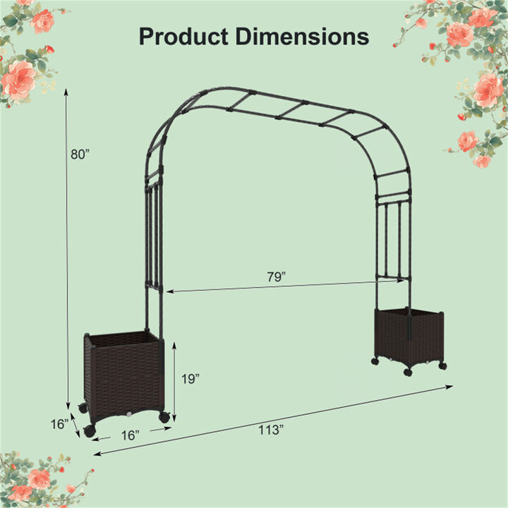 Outdoor Garden Arch with Planters, Lockable Wheels, and Climbing Plant Trellis for Patio, Yard, or Balcony