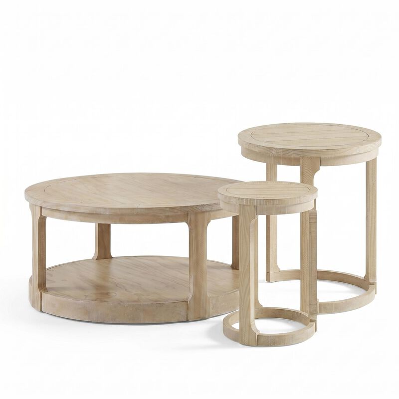 Large Curved 2-Tier Traditional Round Wooden Center Coffee Table Set,Mid-Century Rustic Style Round Table with Wheels (1 Coffee Table + 1 Side Table) image number 0