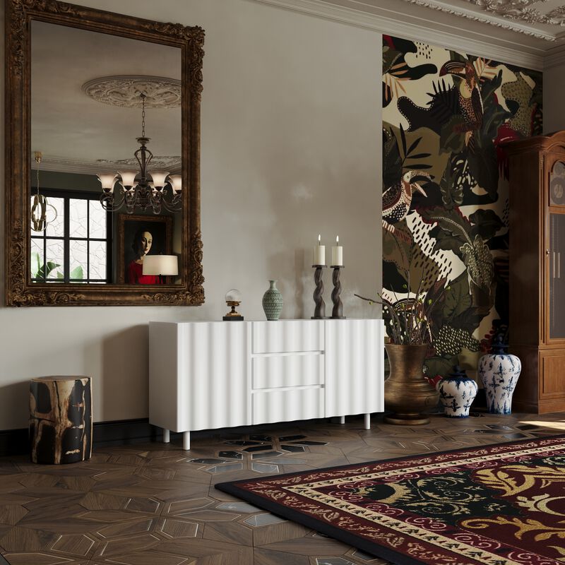 FUFU&GAGA Pure White Storage Cabinet with Doors and Drawers, Handleless Design, Vertical Wave Texture, Painted Craftsmanship, Ultra-Thick Shaped Fronts, (61 in. W x 15.8 in. D x 29.5 in. H), White