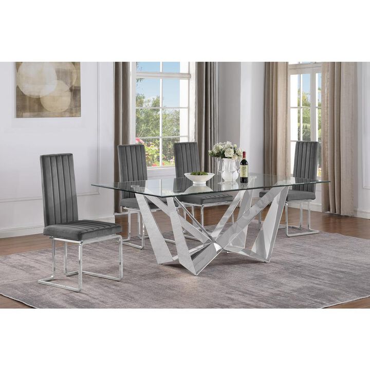 5pc Small(78") glass dining set with silver base and 4 Dark grey side chairs