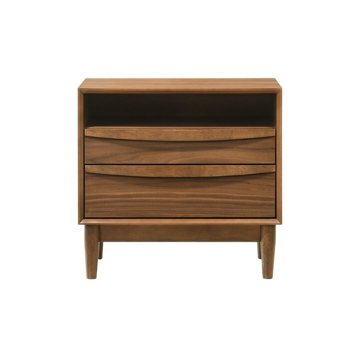 Mian 23 Inch Nightstand, 2 Drawer, Linear Undercut Handles, Wood, Walnut  - Benzara