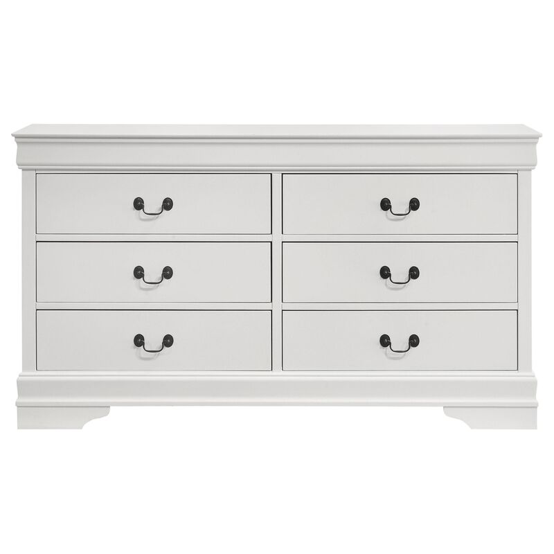 Nim Wide Dresser, 6 Storage Drawers, Classic White Molded Trim Edges - Benzara