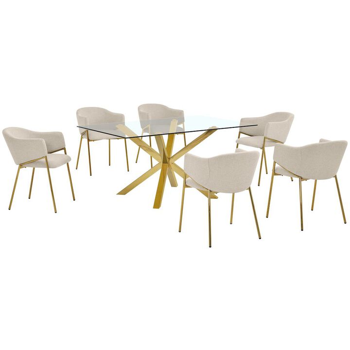 Best Quality Furniture 7Pc Rectangle Tempered Glass Dining Table With 6 Beige Side Chairs
