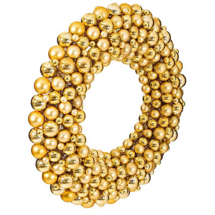 Vickerman 22" Diameter Gold Shiny and Matte Ball Christmas Wreath with Ornaments - Seasonal Holiday Decoration - Vibrant Christmas Decoration - Wire Frame