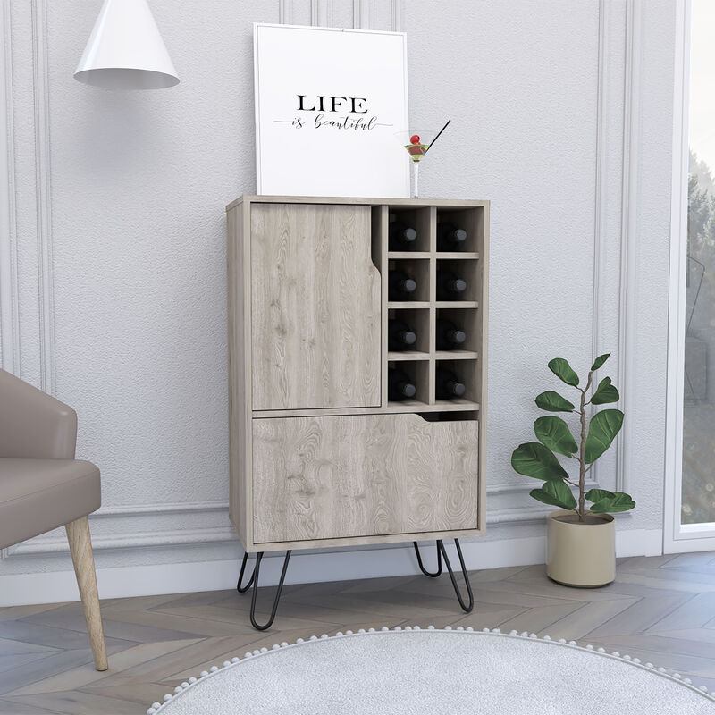 DEPOT E-SHOP Zamna L Bar Single Door Cabinet, Eight Built-in Wine Rack, Four Legs, Light Gray