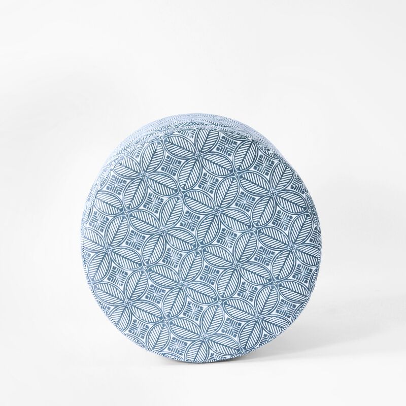 Loni Round Storage Ottoman, 19 Inch Indigo Blue Pattern, Walnut Brown image number 4