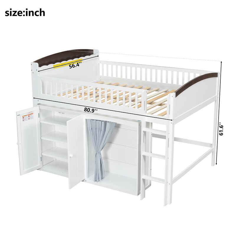 Merax Loft Bed with Storage Cabinet, Curtain Wardrobe & LED Headboard image number 5