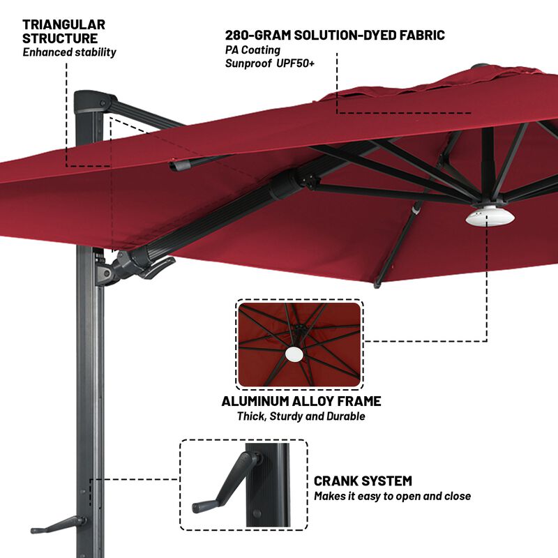 10x10 ft. 360°Rotation Square Cantilever Patio Umbrella with Bluetooth Speaker and LED Light in Red