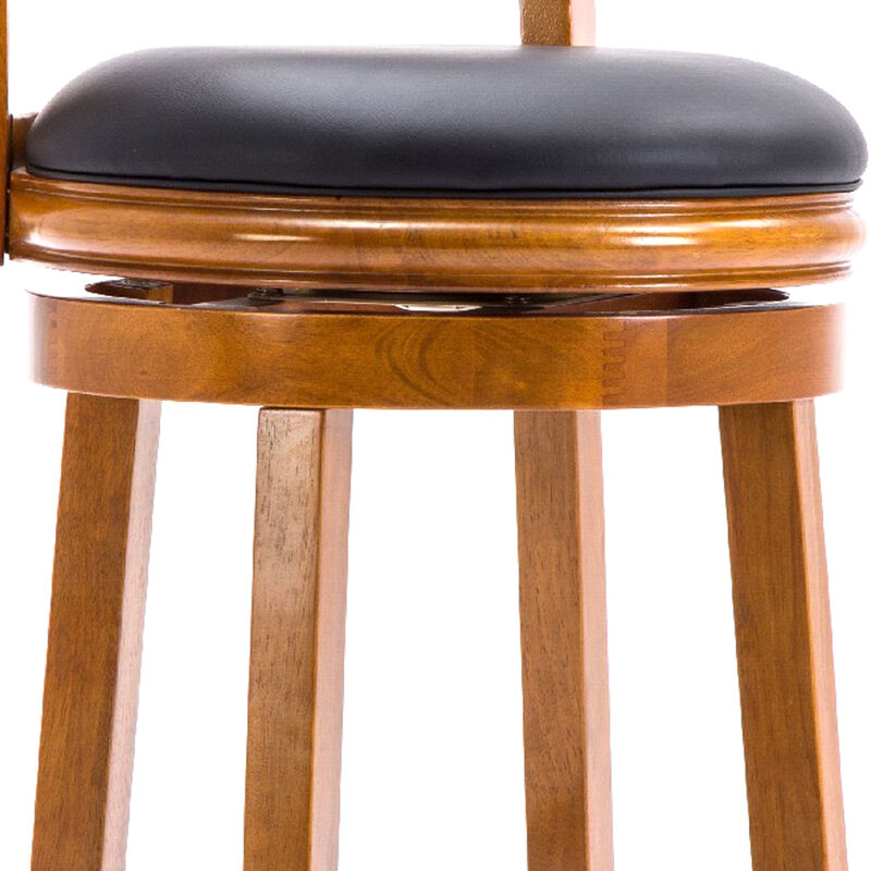 Sabi 29 inch Swivel Counter Stool, Solid Wood, Faux Leather, Brown, Black - Benzara image number 2