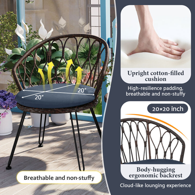 Whisen Outdoor Leisure Set, 2 Rattan Single Chairs with A Glass Round Table, Perfectly Suited for Patios, Balconies, and Courtyards - Gray