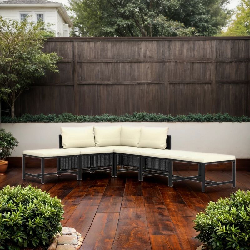 Reno Outdoor 4 Piece Modular Sofa Set, Ivory Cushions, Black Rattan - Benzara