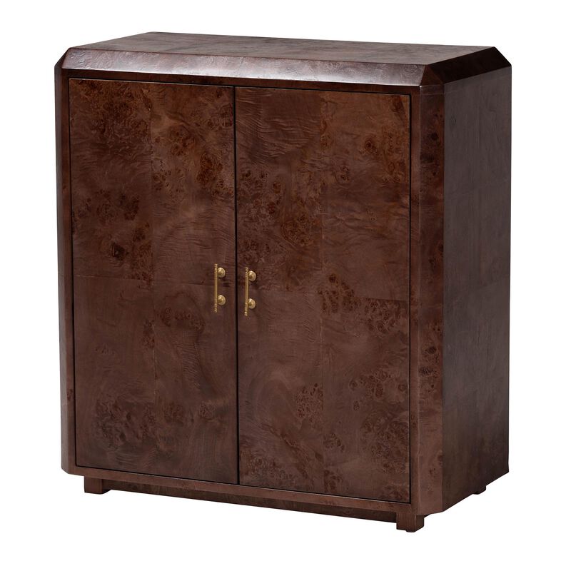 bali & pari Valora Real Burl Wood Storage Cabinet in Dark Walnut Brown - Modern Accent Cupboard with Double Doors and Brass Handles, Elegant Sideboard for Living Room, Entryway or Dining Area