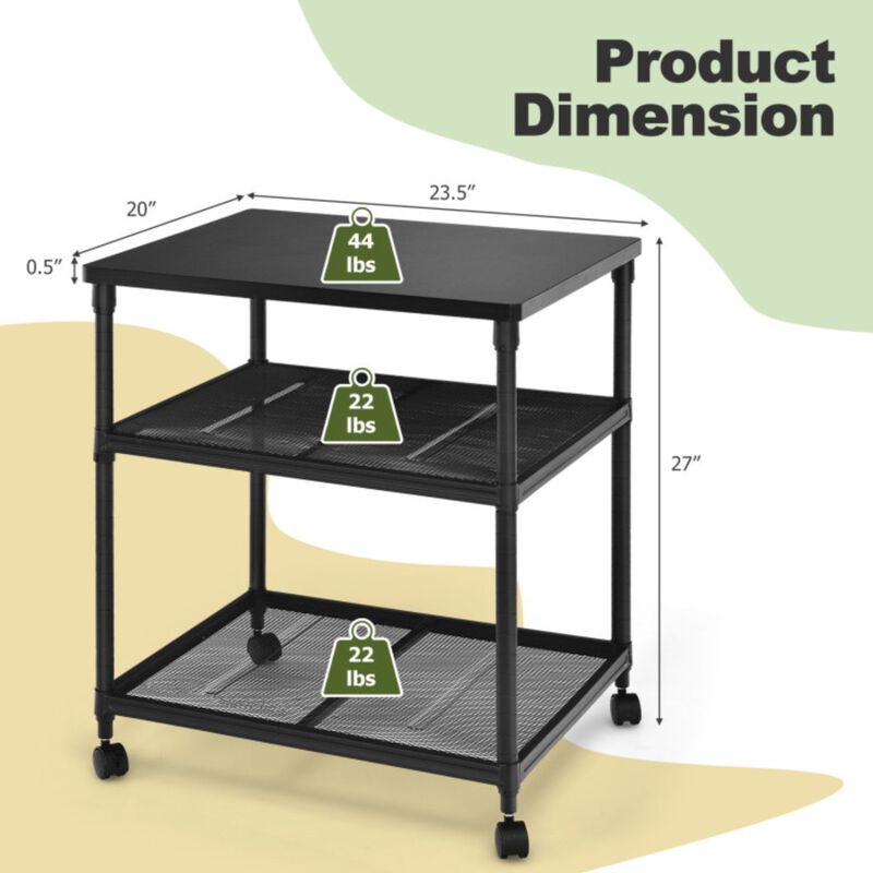 3 Tier Printer Stand Rolling Fax Cart with Adjustable Shelf and Swivel Wheels