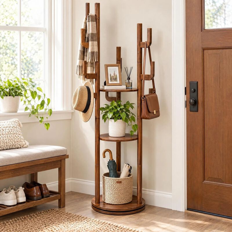 Solid Rubberwood Rotating Coat Rack with 3 Shelves and 9 Hooks, Walnut Coat Tree image number 5